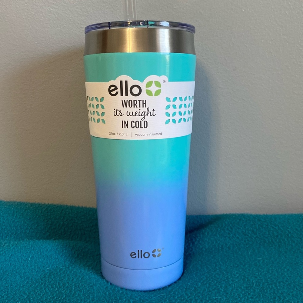 Ello 24oz tumbler with straw. Aqua and periwinkle color.